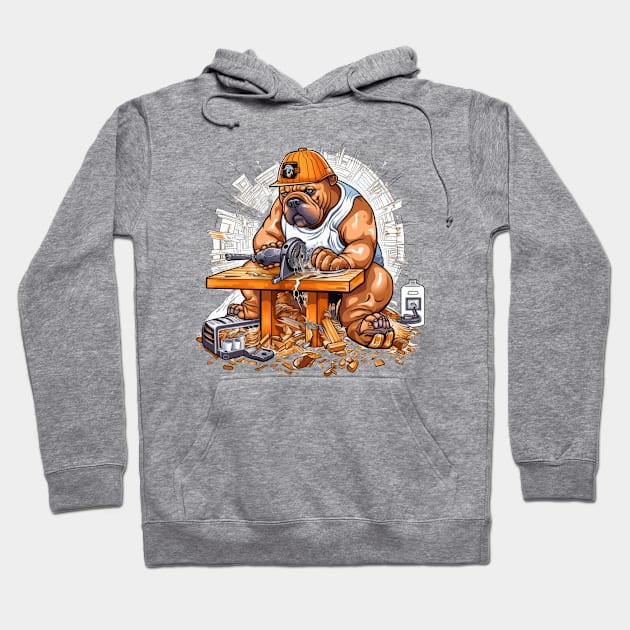 A Carpenter English Bulldog with a saw and sandpaper, carving a wooden sculpture of itself Hoodie by teestore_24